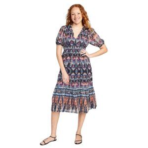 Women's Old Navy Waist Defined V-Neck Aztec Print Blue Midi Dress -Small Tall